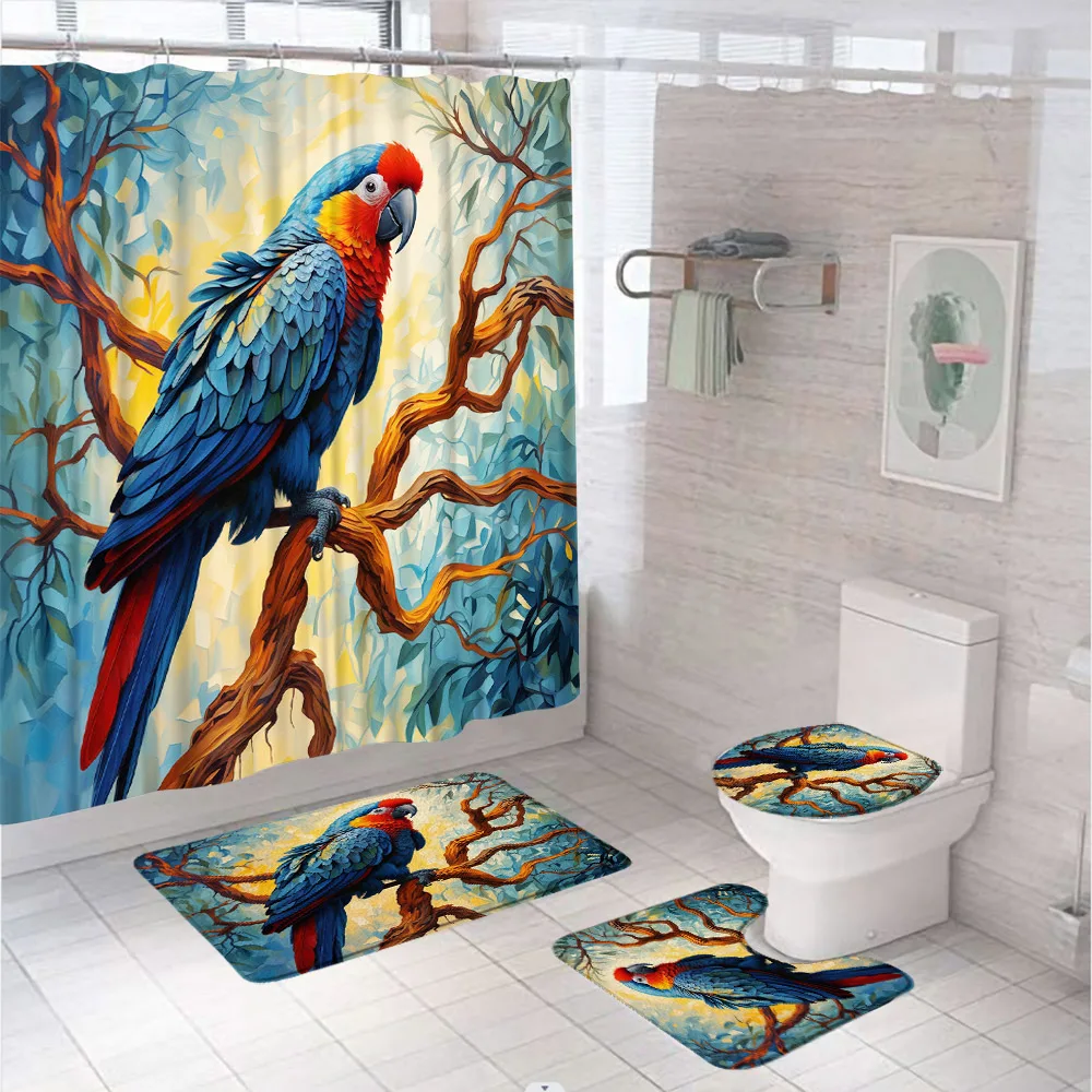 Blue Parrot Bird Shower Curtain Set Bathroom Screen Abstract Tree Branch Scenery Flannel Non Slip Bath Mat Toilet Lid Cover Rug