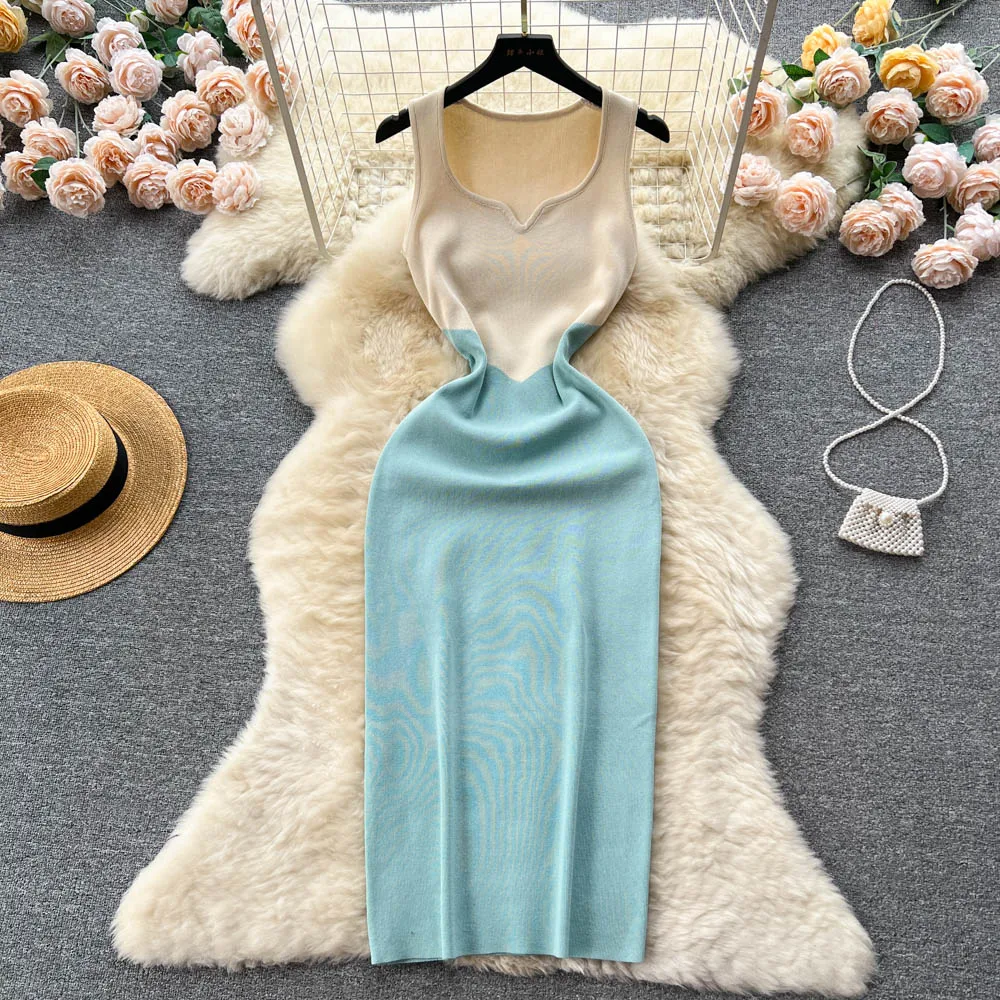 YuooMuoo femmes robe 2023 nouvelle mode Vintage couleur Patchwork une pièce tricoté robe moulante Sexy Wrap hanches dame fête robes