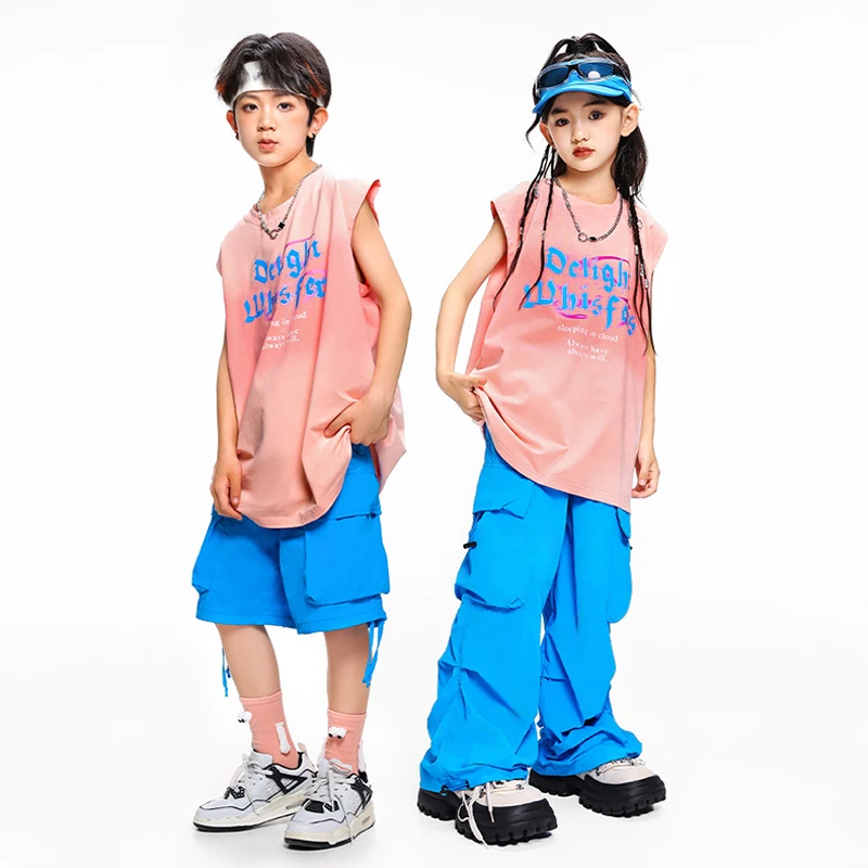 

Summer Jazz Dance Outfit Hip Hop Set Pink Tops Blue Shorts Shuffle Pants Kids Performance Outfit Boys Street Dance Costumes 3492