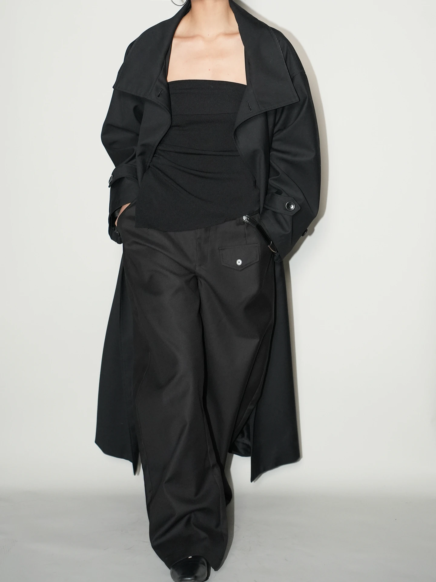 

Bla mat Commuter Sle Coat AIRROOM Long Sve Stand Collar Single Button High Quali Women's Faion Outerwear