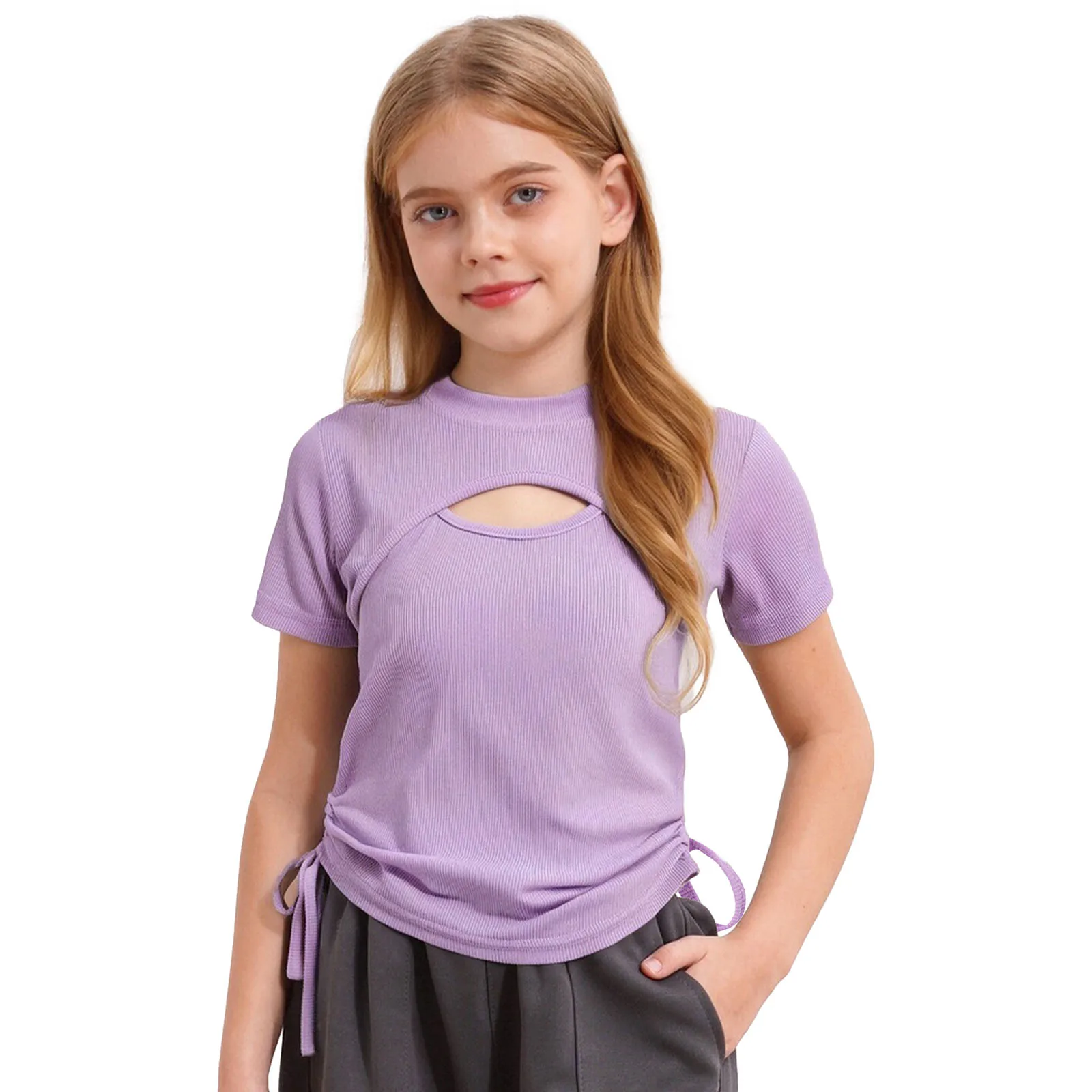

Summer T-shirt for Kids Girls Fashionable Solid Colour Drawstring Cutout Tee Top Casual Short Sleeve Ribbed Shirts Pullover