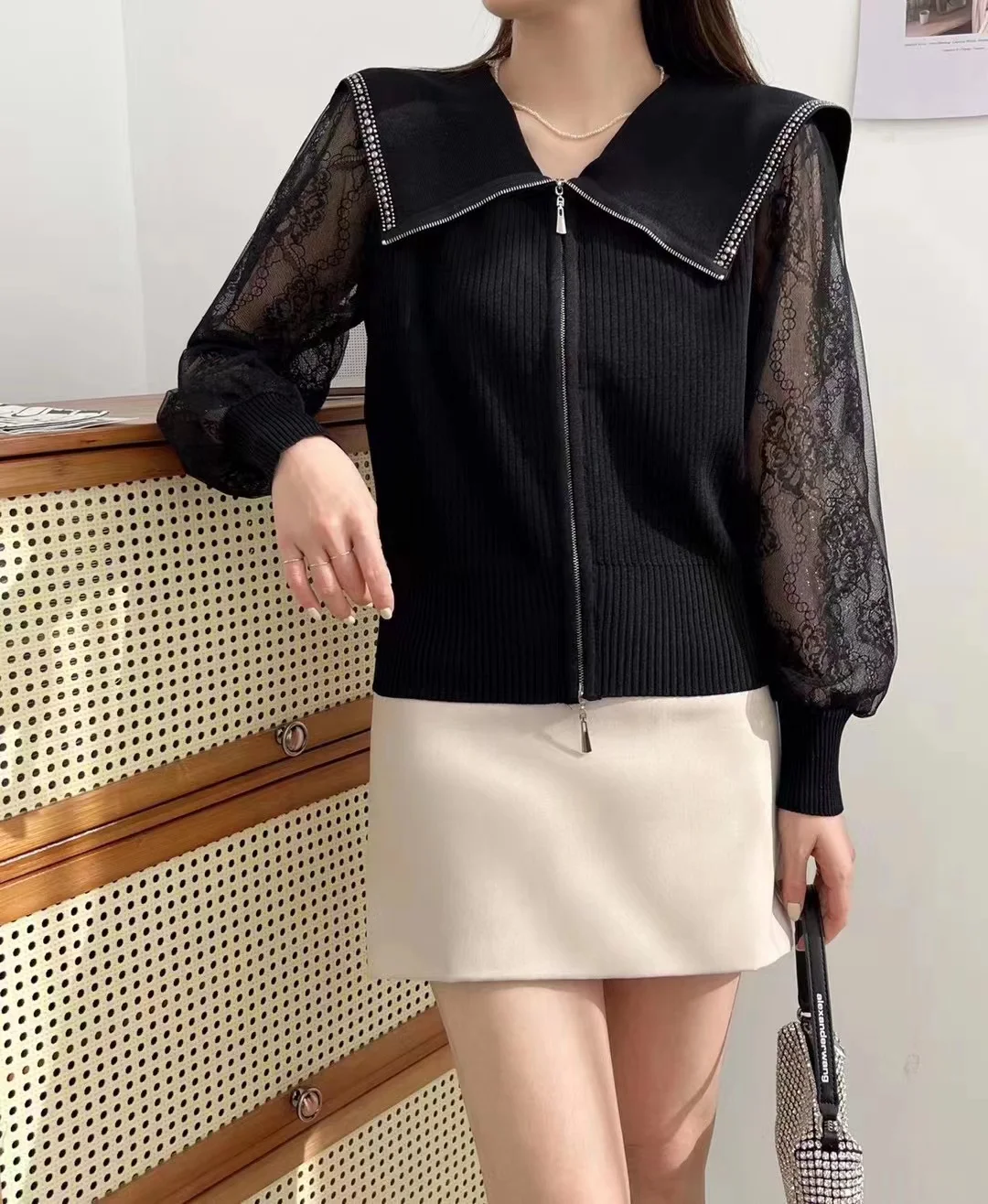 Women's Navy Collar Spring Knit Spliced Sweater