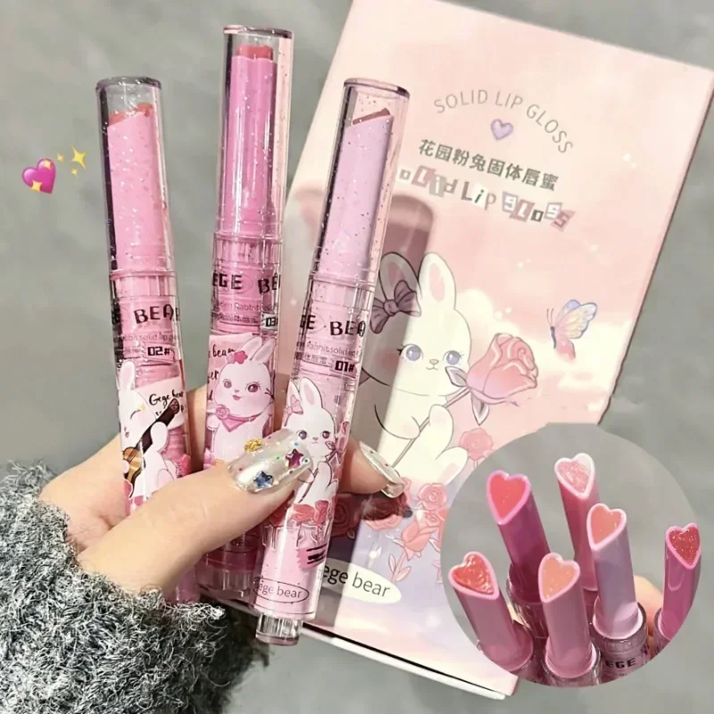 Brillo de labios sólido transparente con purpurina, lápiz labial de espejo rosa, tinte de labios hidratante de gelatina acuosa, forma de corazón de amor, Juego de 3 piezas