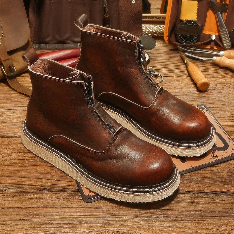 Men's Genuine Leather Chelsea Boots Front Zipper Foam Thick Sole Fleece Lined Height‑Increasing Retro Work Casual Ankle Boots