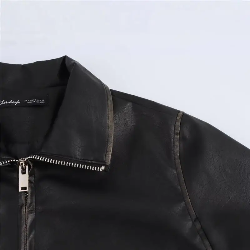 Faionable Long Sve Leather Jaet Outerwear Top Spring New Arrival Versatile B48865 Women's Premium Quali Zipper Design