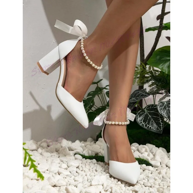 

White Pearl Decor Chunky Heels Pumps Ankle Strap Pointed Toe Shoes for Women Matte Leather Party Shoes 2025 Zapatos Para Mujere