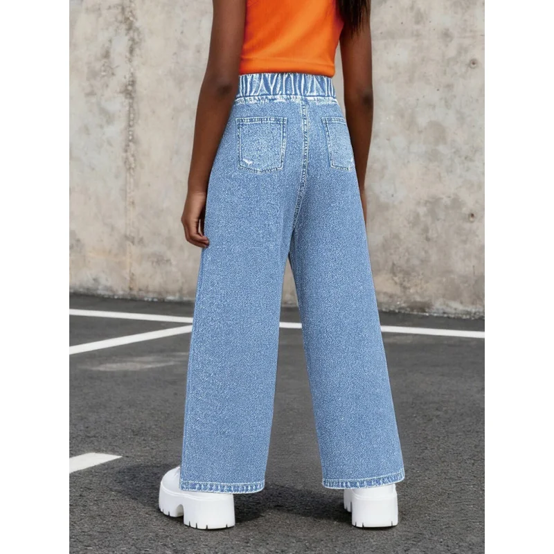 2025Girls Pink Butterfly Imitation Ripped Denim Wide Leg Pants Trendy High-Waisted Loose Straight-Leg Faux Jeans