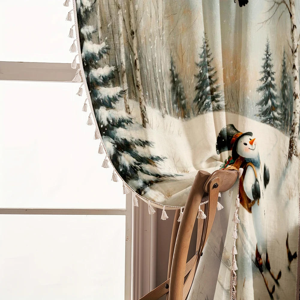 1PC Christmas Tassel Sheer Curtains, Snowman Skiing in Winter Forest, Digital Print, Linen Polyester, Living Room Home Decor