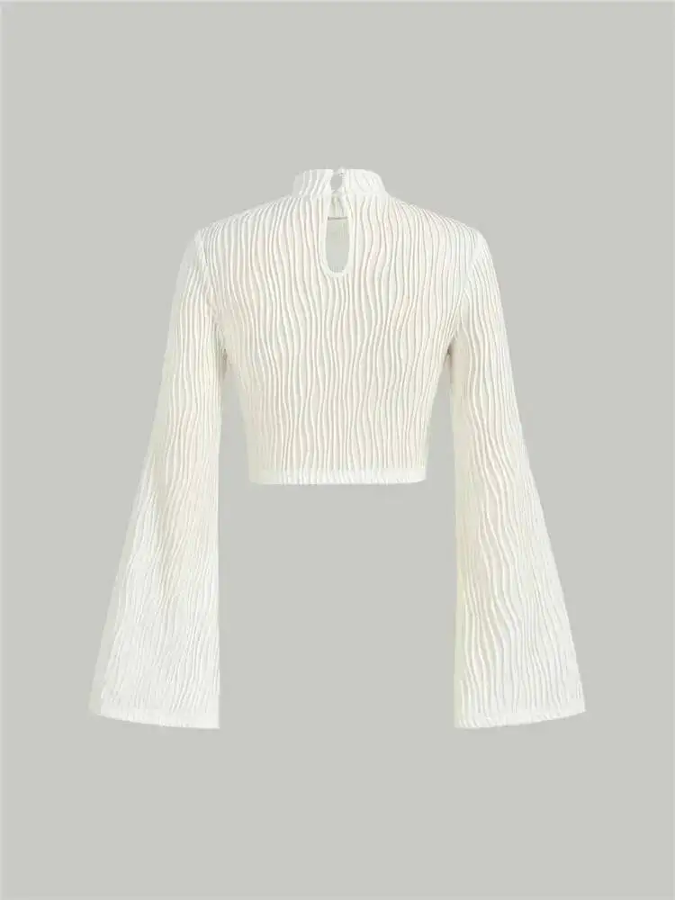 

Women Textured Mock Neck Flare Long Sleeve Crop Top Fall Winter Elegant Preppy Style Y K Rib Knit Slim T Shirt Blouse