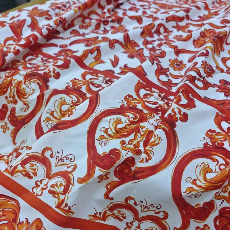 150*145CM/Piece Orange Baroque Flower Pattern Printed Poplin Cotton Fabric For Woman's Spring Skirt DIY Cloth Sewing Material