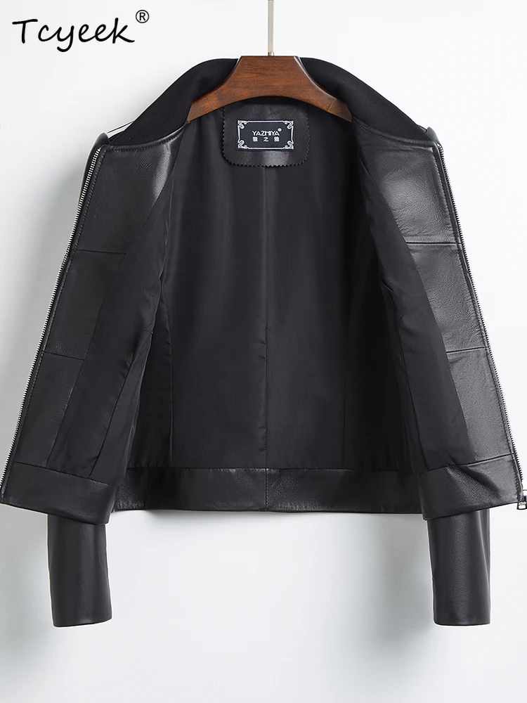 Tcyeek véritable peau de mouton femmes veste en cuir printemps automne col montant à manches longues noir maillot de Baseball Chaqueta Cuero Mujer