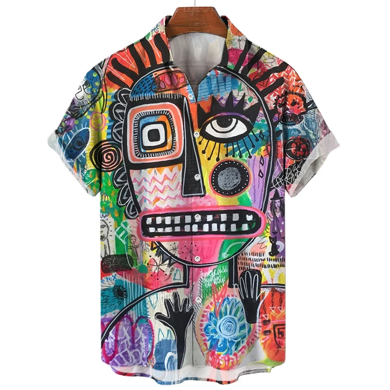 Personalized Abstract Pattern Series Face Short Sleeve Shirts For Men Clothes Fashion Female Blouses Casual Men Button Clothing