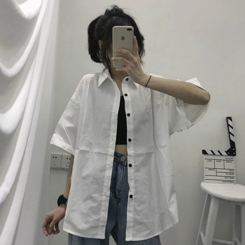 Shirts Women Short Sleeve Solid Harajuku Loose Vintage Ladies Tops All-match BF Summer Chic Stylish Basic Black Clothing Girls