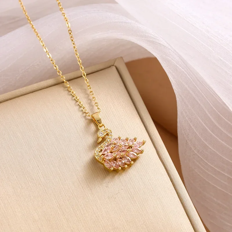 قلادة على شكل بجعة الزركون من التيتانيوم الصلب للنساء، سلسلة ترقوة متعددة الاستخدامات، سلسلة من الفولاذ التيتانيوم