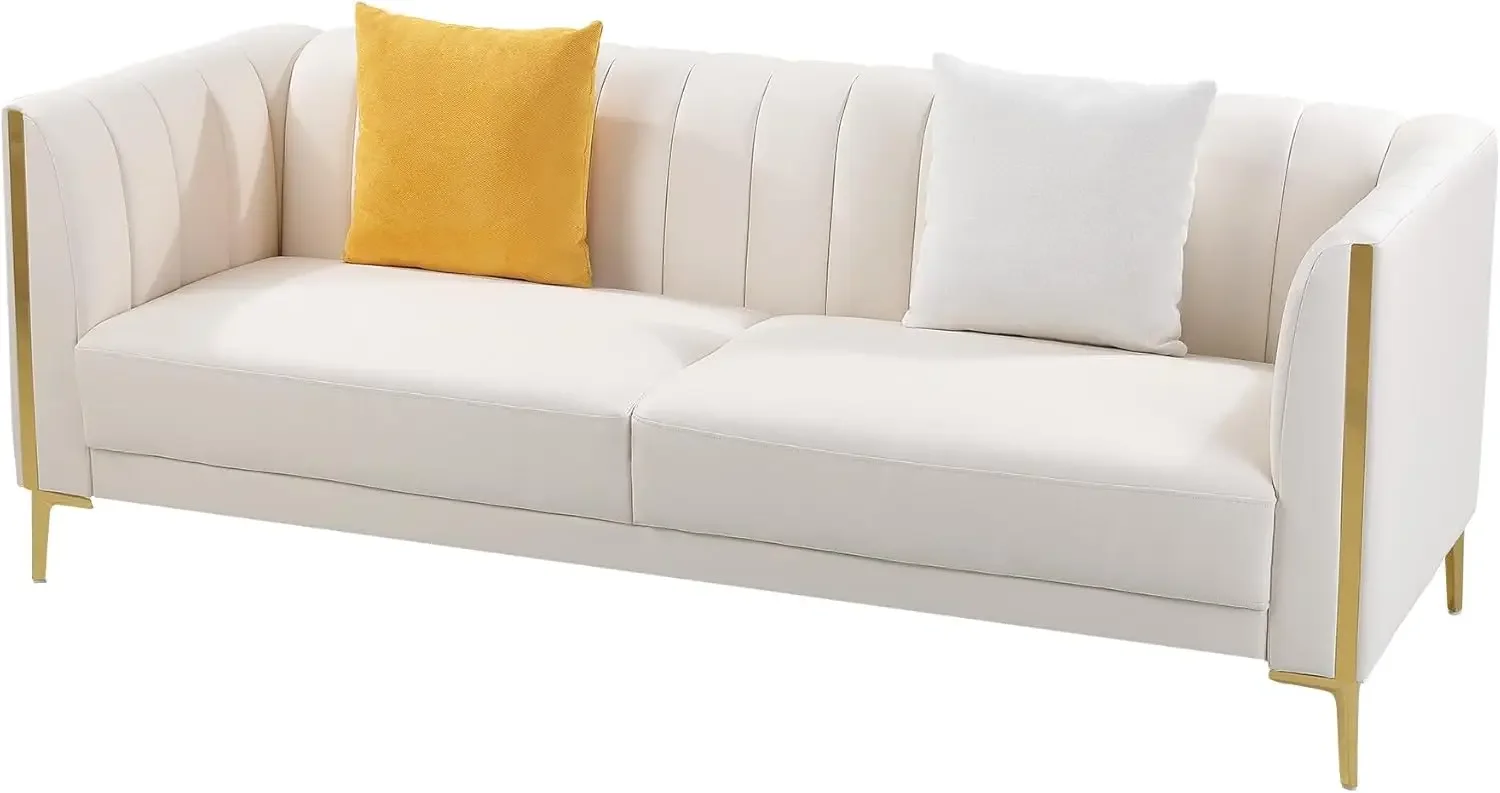 78'' Sofa, Modern White Couches for Living Room, Comfy, Faux Leather Sofa 3 Seater Sofa with 2 Throw Pillows and Gold Metal Legs