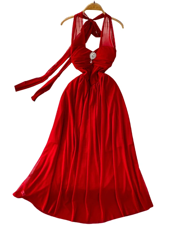 エレVネックウエストシェイプドセクシーハンギングネグランハイウエストAラインスカートサマーシーズンレディースドレス