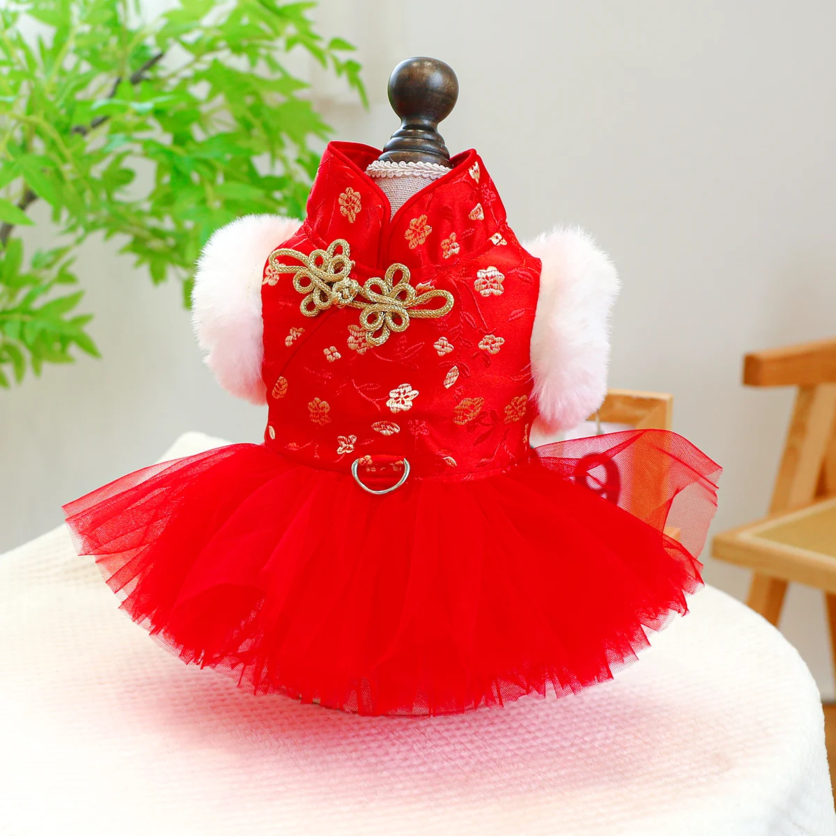 1PC Pet Apparel Cat Winter Plush Thickened Warm New Year Chinese Red Princess Dress With Drawstring Buckle For Small Medium Dogs