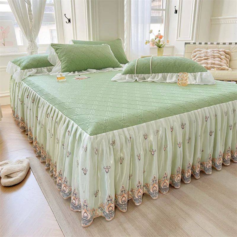 AI WINSURE Lace Summer Bed Sheet Set Cool Bedspread Queen King Size Soft Ruffles Bed Skirt with 2 Pillow Covers Dropshipping