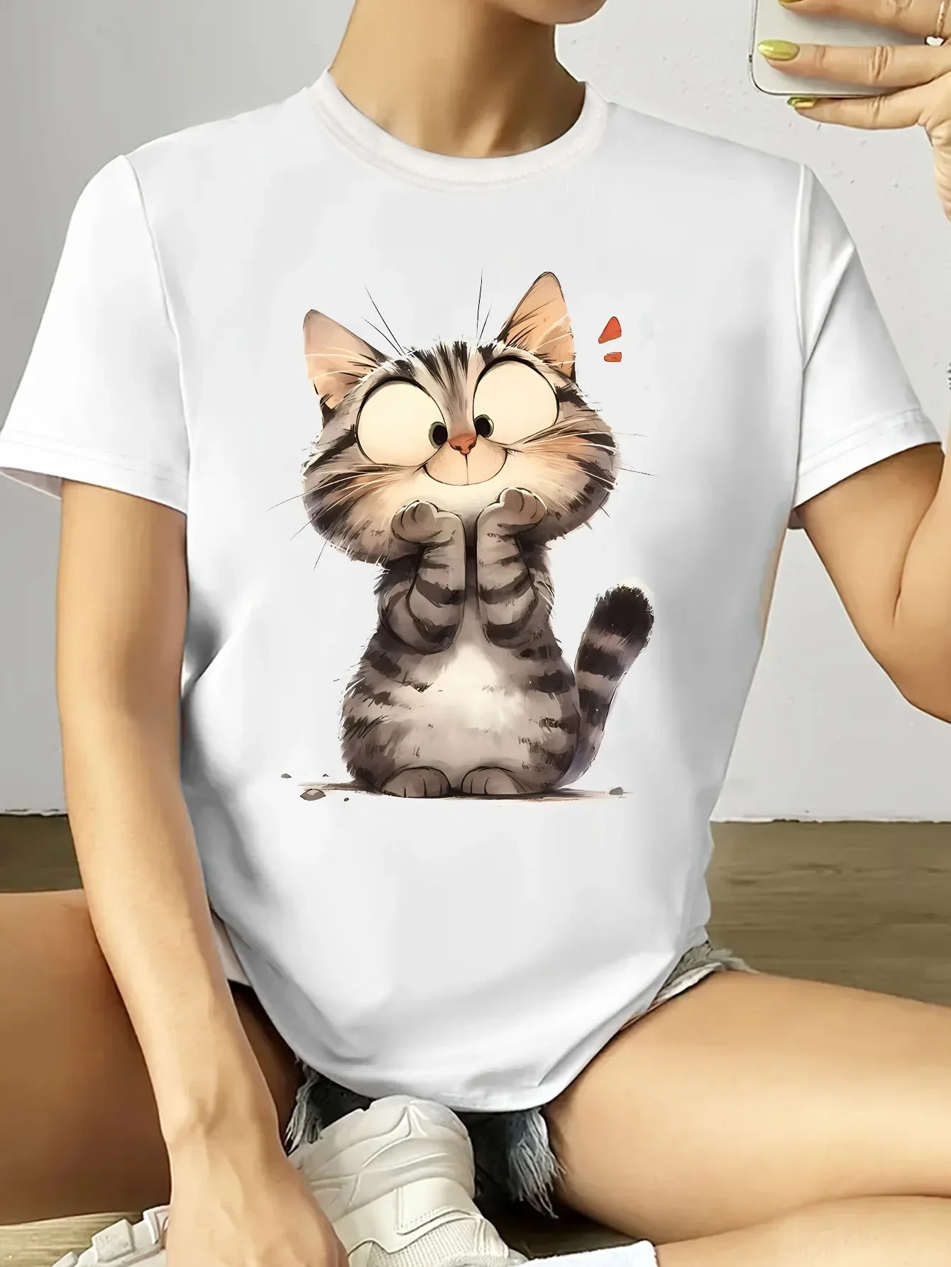 

Футболка с милым котом и принтом, повседневный топ с короткими рукавами и круглым вырезом, лето, уличная одежда в стиле Харадзюку с короткими рукавами, футболки