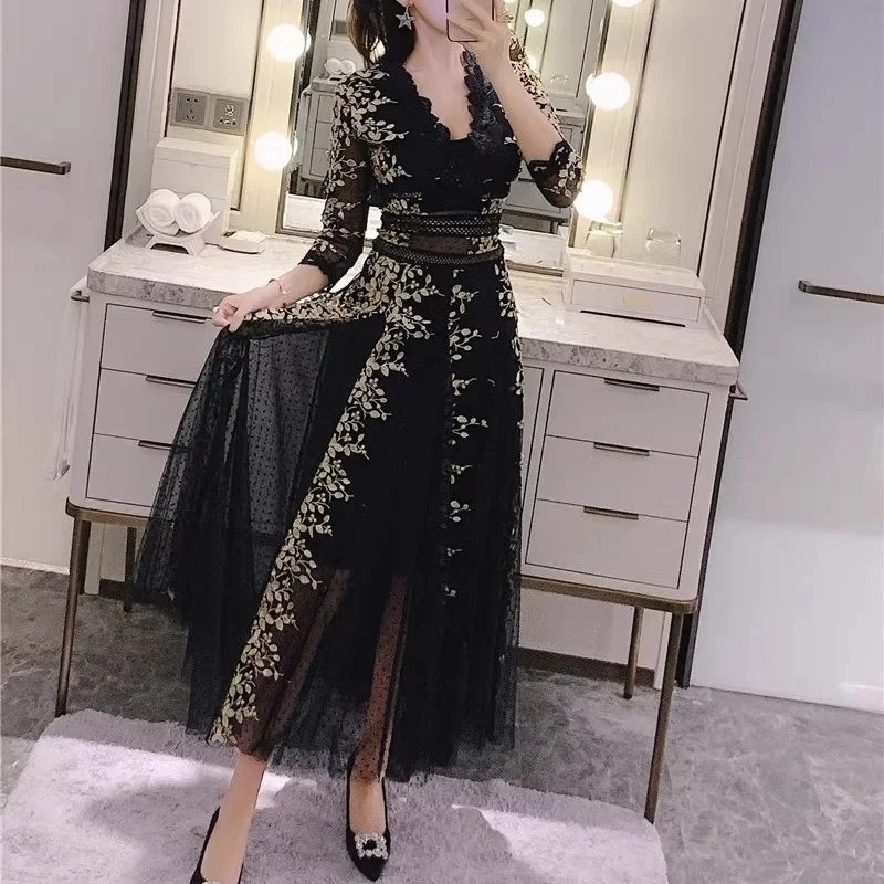 Black Woman Clothing Embroidery Mesh Dress Woman Long Sleeve V Neck Lace Long White Dresses Party for Lady Vestidos