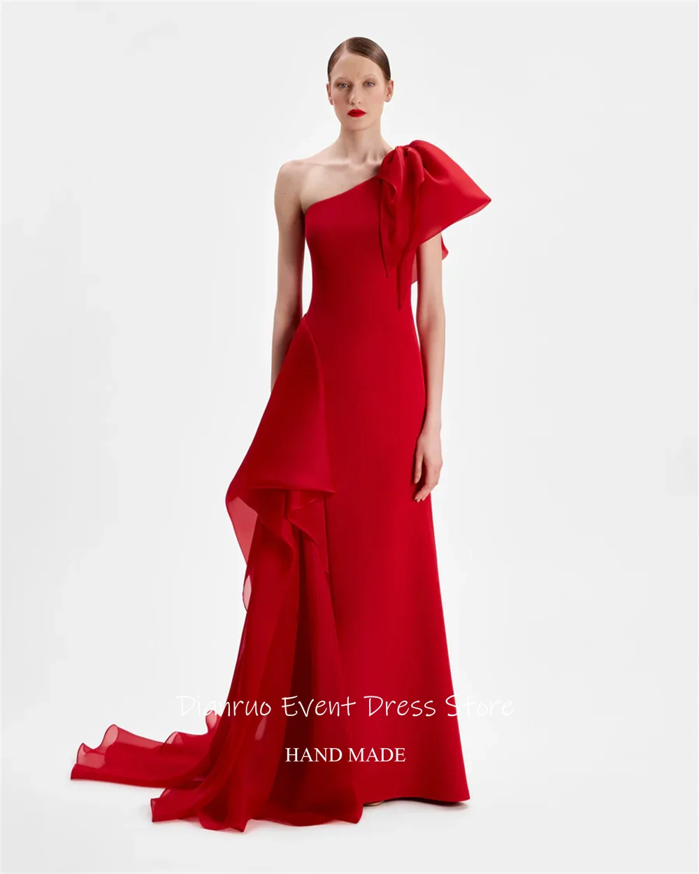 Dianruo rouge asymétrique volants robes De soirée une épaule moderne Vestido De Gala Femme longue Chic Abiti Da Cerimonia personnalisé