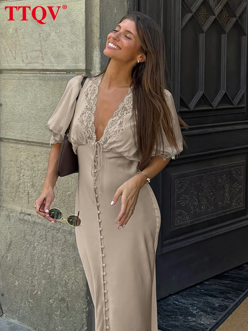 TTQV Summer Loose Khaki Satin Women's Dress Sexy V-Neck Short Sleeve Ankle Length Dress Elegant Classic Lace-Up Party Dresses - Image 3