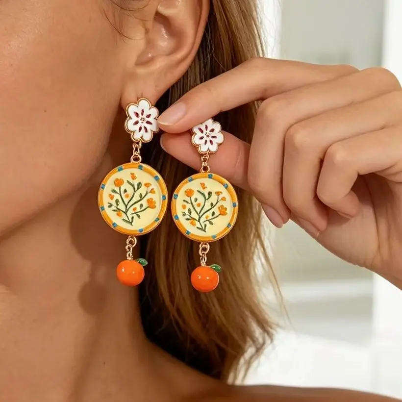 Cute Painted Flower Orange Earrings: Fresh, Rustic-Style Floral and Fruit-Inspired Colorful Women's Jewelry NEW