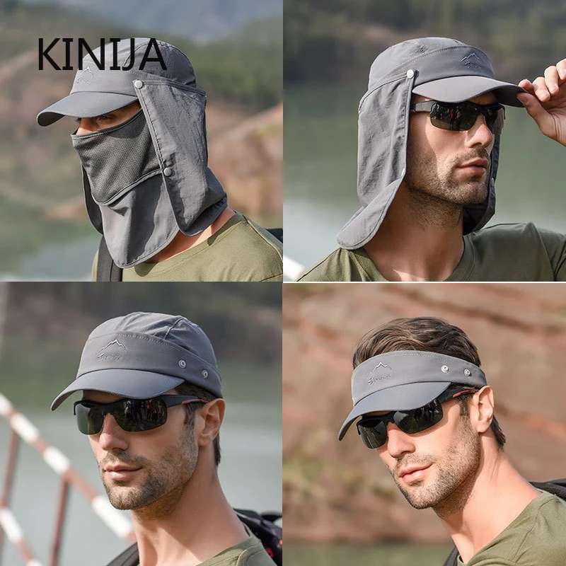 Herren-Schnelltrocknender Hut mit Abnehmbarer Gesichtsmaske und Nackenschutz für Wandern, Angeln, Camping, Atmungsaktiver UV-Schutz Bucket Hat