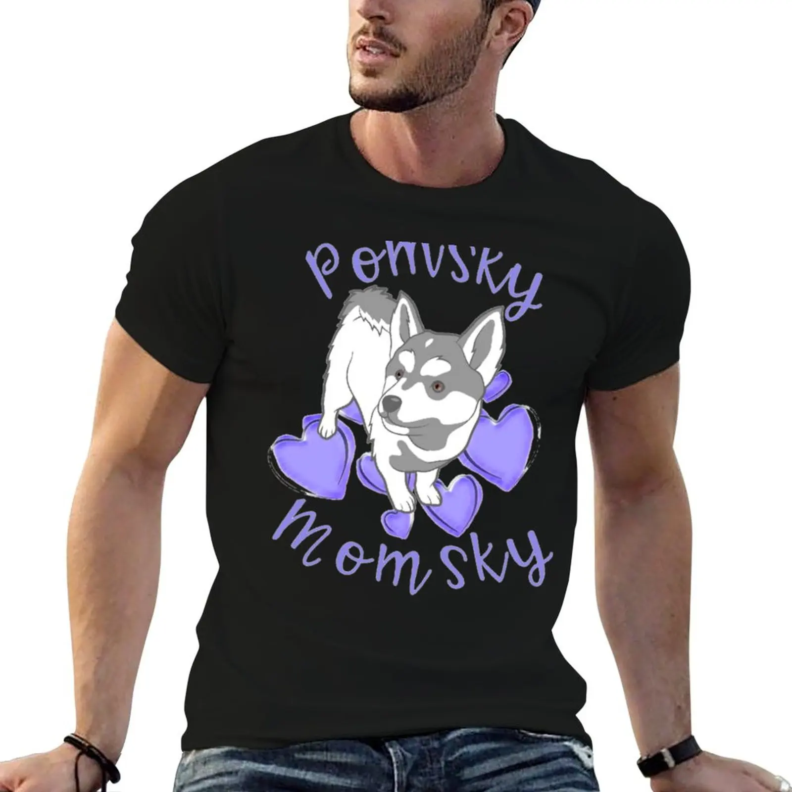 Camiseta de manga corta de secado rápido para fitness, diseño de perro gris y blanco con corazones morados, de la marca Cute Pomsky Momsky Pomsky Mom