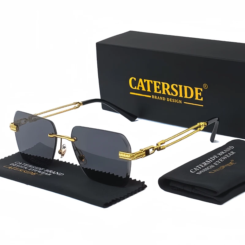 Caterside Rimless Pilot Sunglasses Men Square Metal Frame Women Glasses Travel Party Business UV400 Eyewear Choice for Gifts