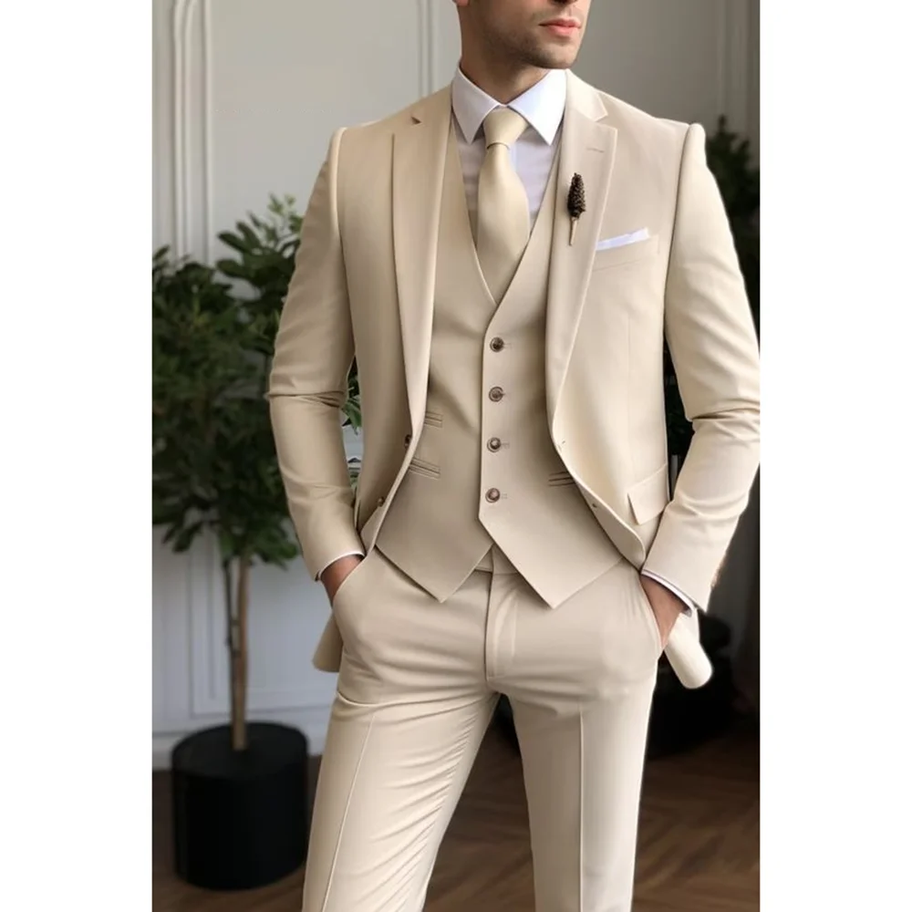 Beige Men Suits 3 Piece Fashion Single Breasted Notch Lapel Slim Wear Smart Casual Formal Wedding Suits (Blazer+Vest+Pants)