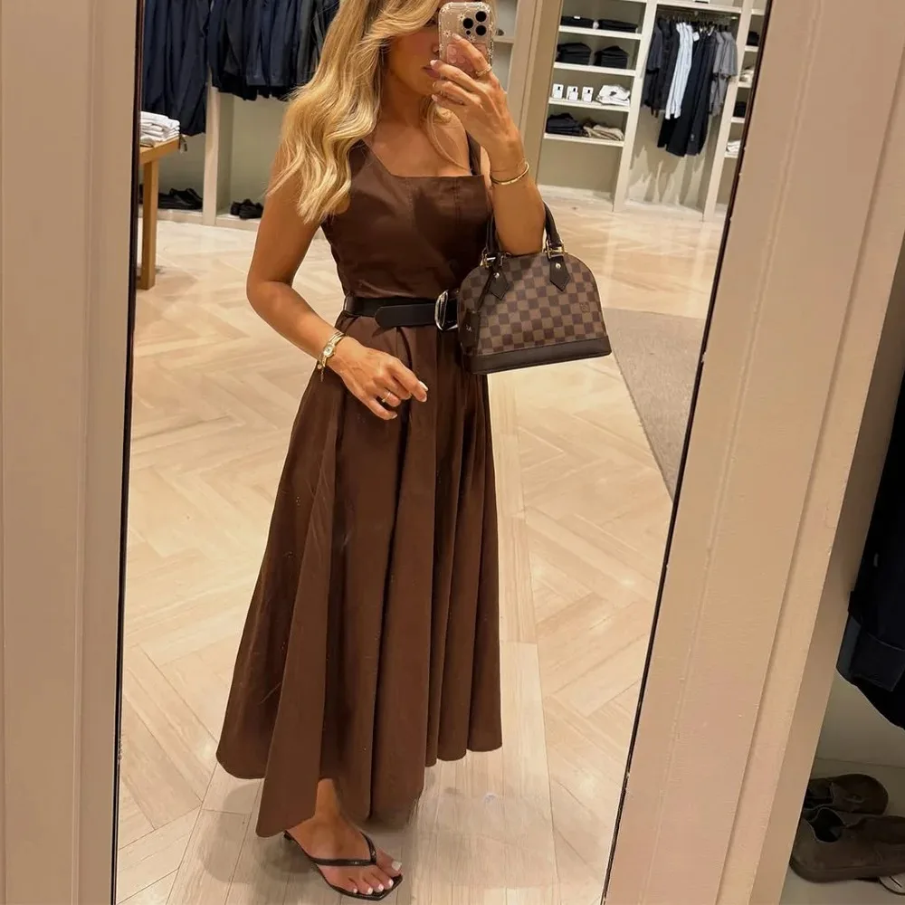 KONDALA Vintage Chic Brown Women Dress Cami Square Collar Belt Women Ruffles Long Dress Fashion 2025 Autumn Holiday Party Dress