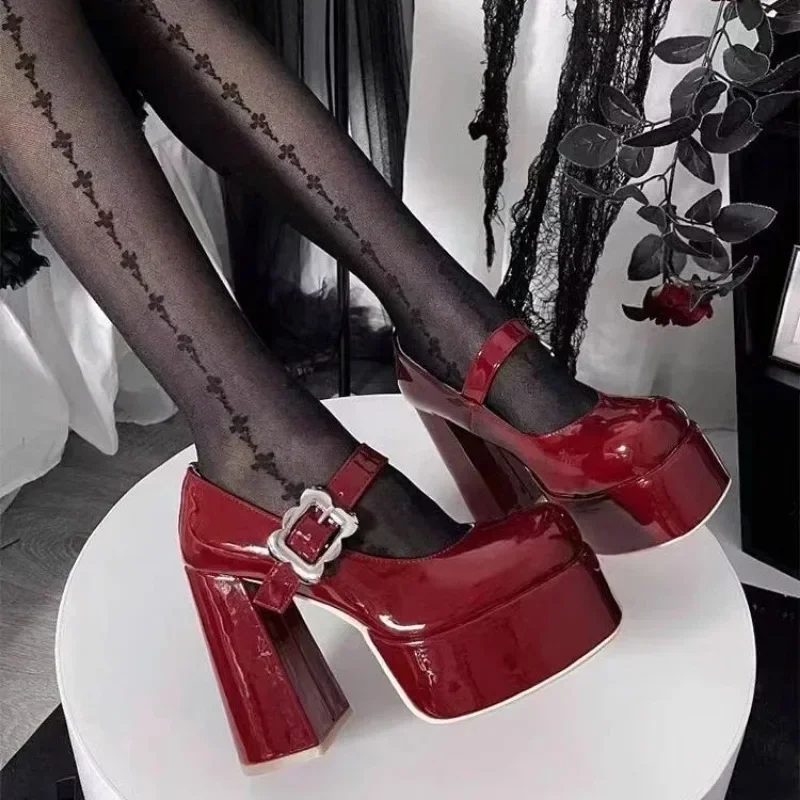 

2025 New Super High Heel Shoes New Round Head Shallow Mouth Metal Buckle Thick Heel Waterproof Platform Mary Jane Women's Shoes