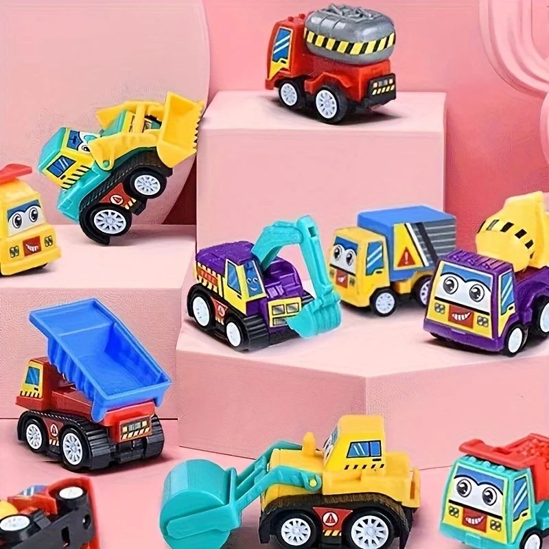 5pcs Random Color Pull-Back Cars, Small Inertia Engineering Vehicles, Cartoon Sticker Assembly Construction Vehicles