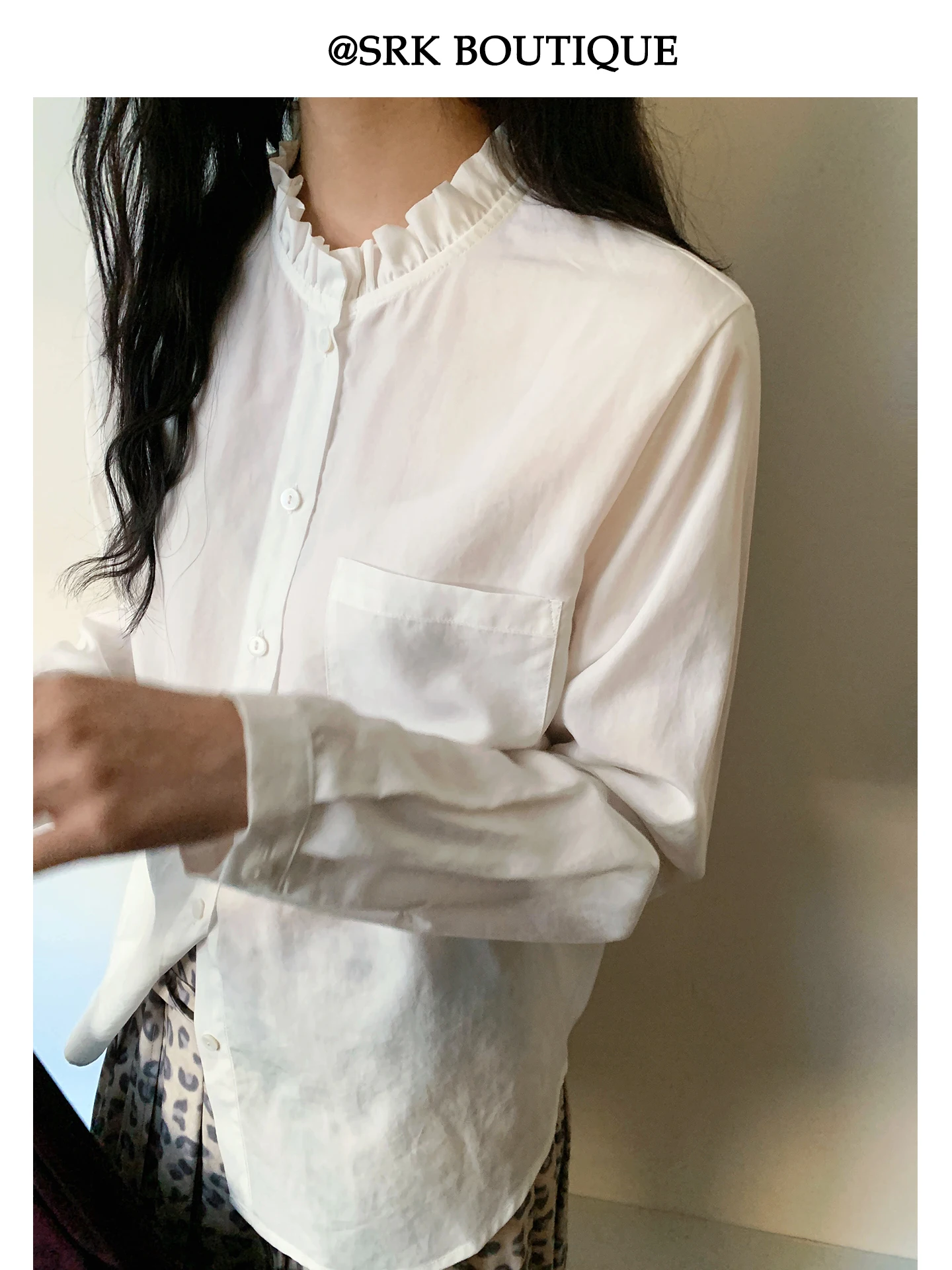 

SRK Simple White irt Women's New Sle Unique Wood Ear Design Spring Top Comfortable Breathable Long Sve Button up