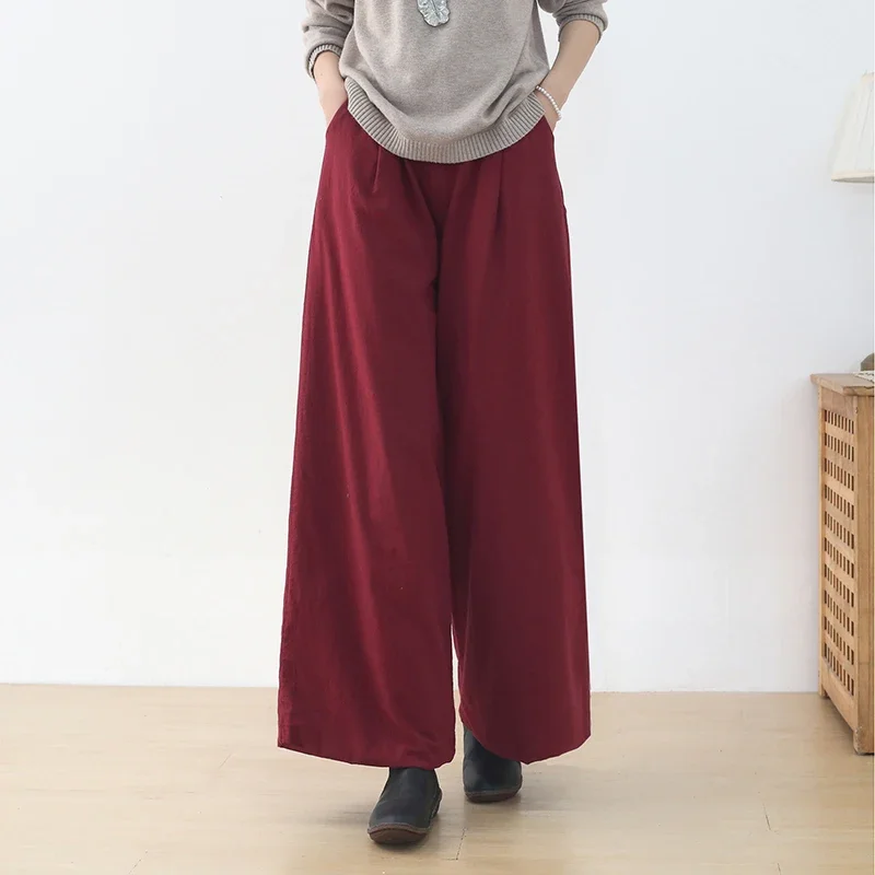 

2021 Cotton Linen Bloomers Wide Leg Pants Women Vintage Full Length Fashion Pants Solid High Waist Office Lady Winter Trousers