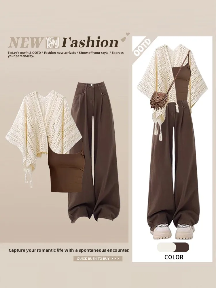 Retro Summer Fashion Set Loose Hollow out Cover up Tank Top with Wide Leg Jeans V Neck Short Sleeve Women's Casual Wear
