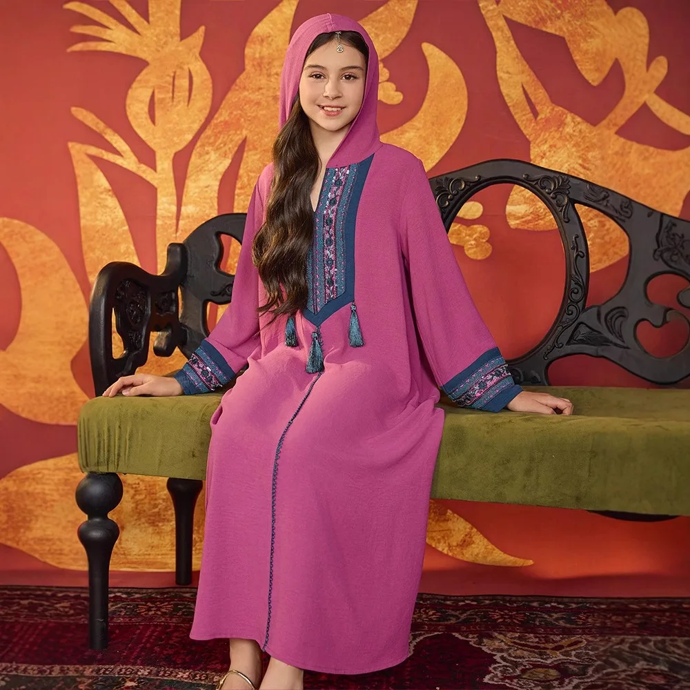 

Новое мусульманское детское платье макси с капюшоном и вышивкой для девочек, халат Ид Рамадан, Марокко, исламская детская одежда, арабская Абая, Турция, кафтан