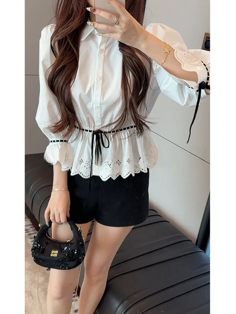 

Ele White irt with Dstring And Belt Color Blo f Sve Cotton Women's Faion Spring 2026 Unique Luxury irt