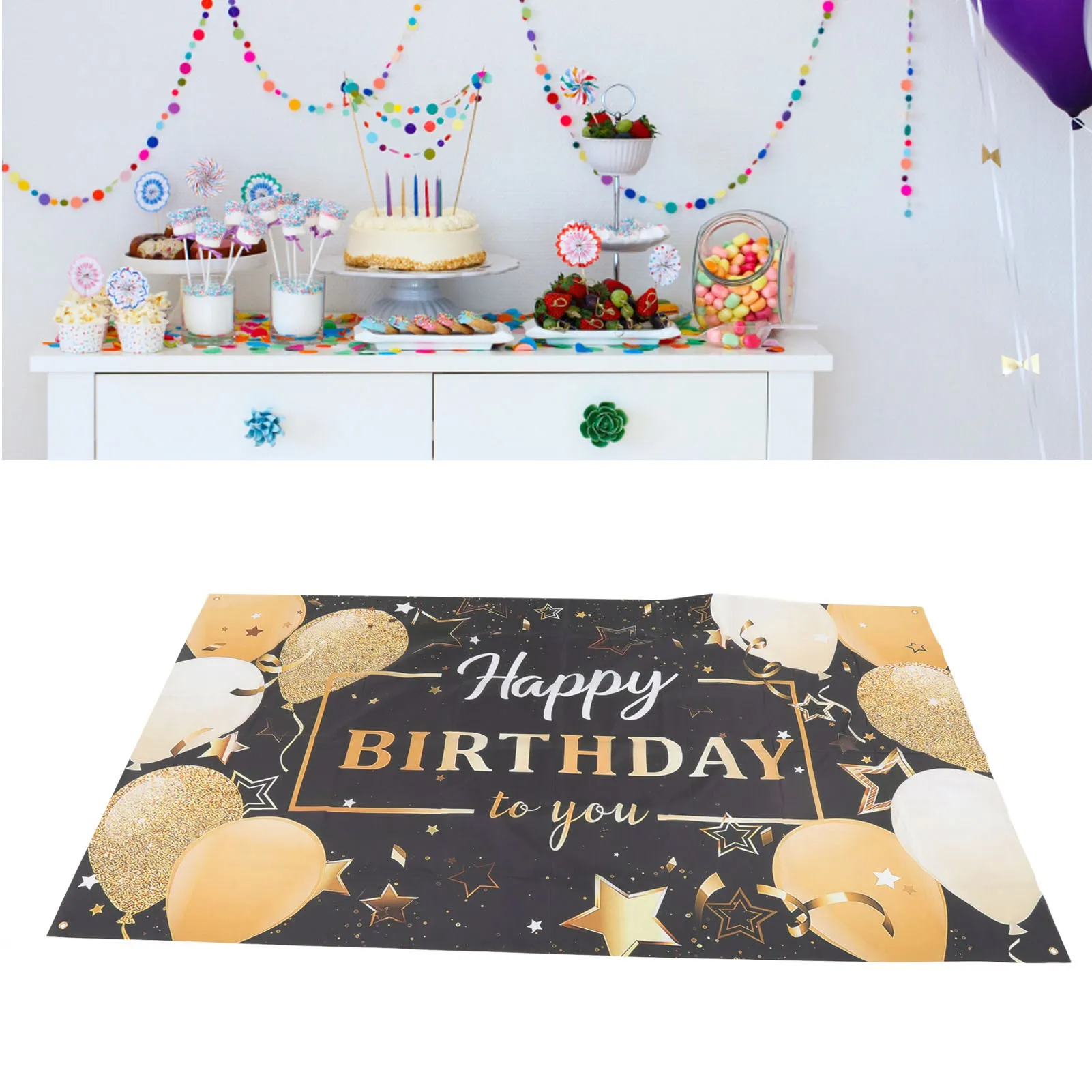 

Happy Birthday Backdrop Banner Large Black And Gold Balloon Glitter Background Sign For Birthday Party DIY Decoration