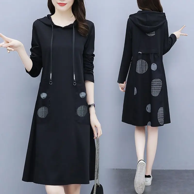 Vestido casual feminino com capuz e cordão estampado camada base coreana escritório outono inverno vestido