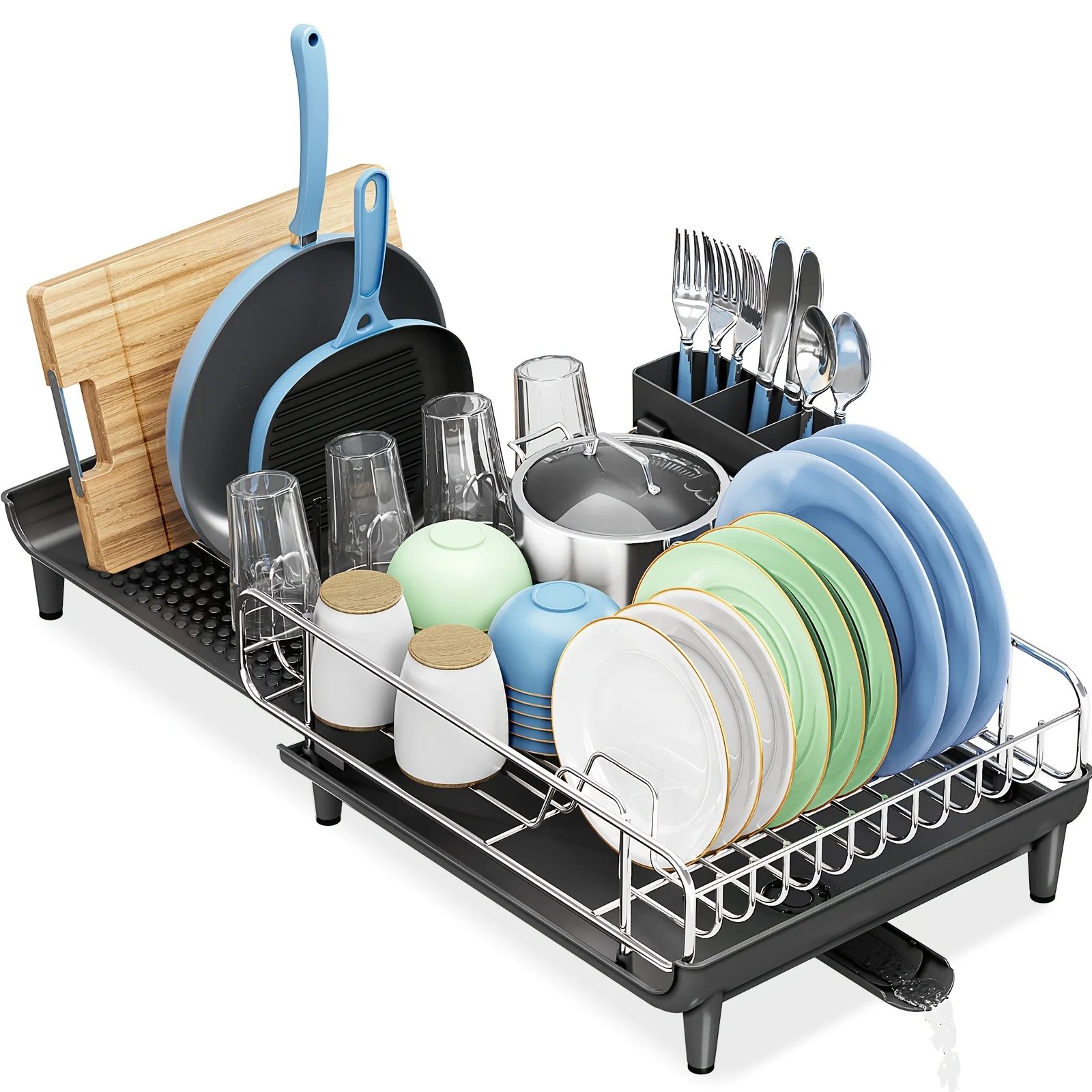 

KINGRACK Adjustable Dish Drying Rack - Expandable Dish Rack for Kitchen Surfaces, Stainless Steel Dish Strainer with Cup And Utensil Holder, Large Foldable Countertop Dish Drainer with Pan And Pot Holder