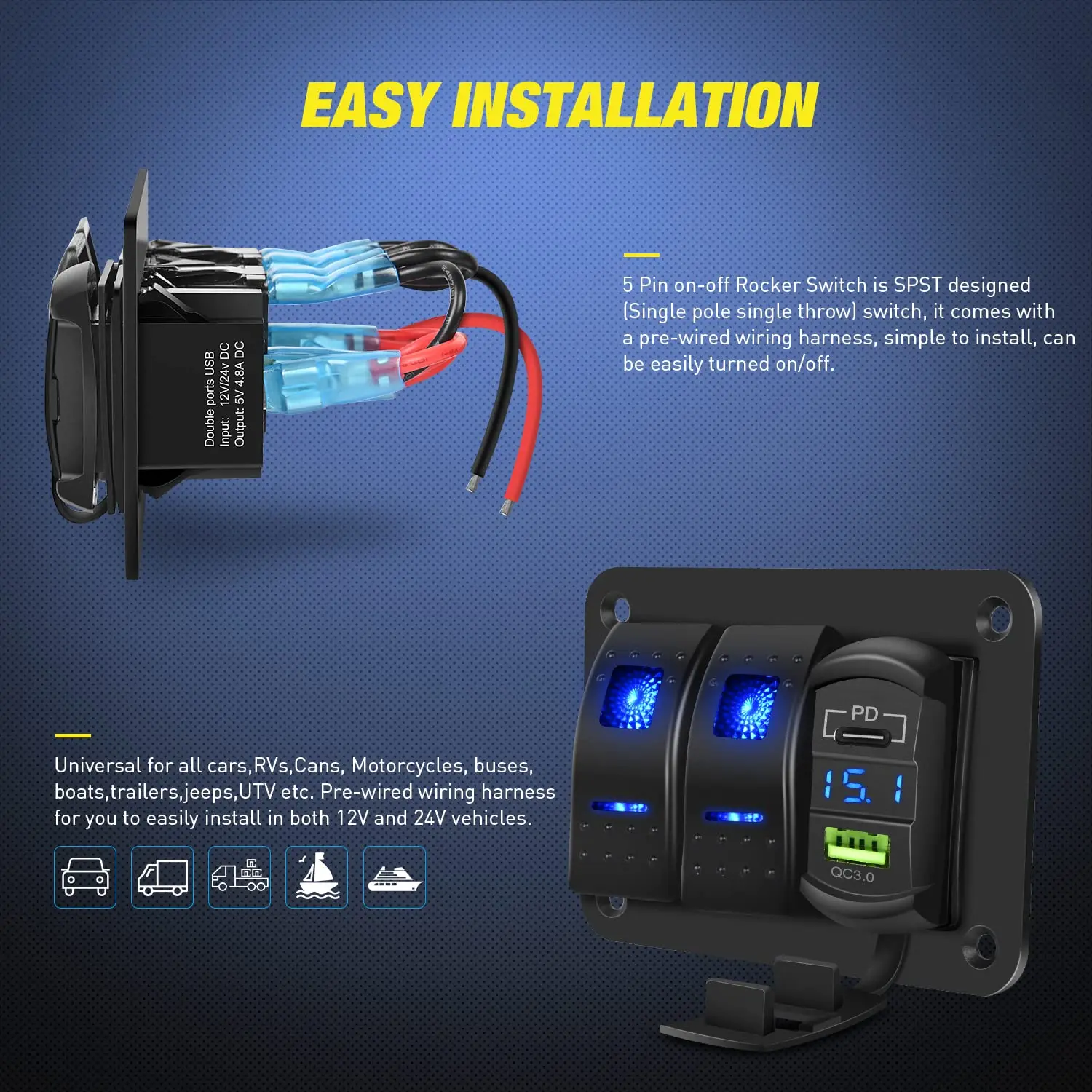 Waywe 2 Gang Rocker Switch Panel Blue Backlit PD Type C USB Voltmeter Waterproof 12V 24V for Car Trucks Boats RVs