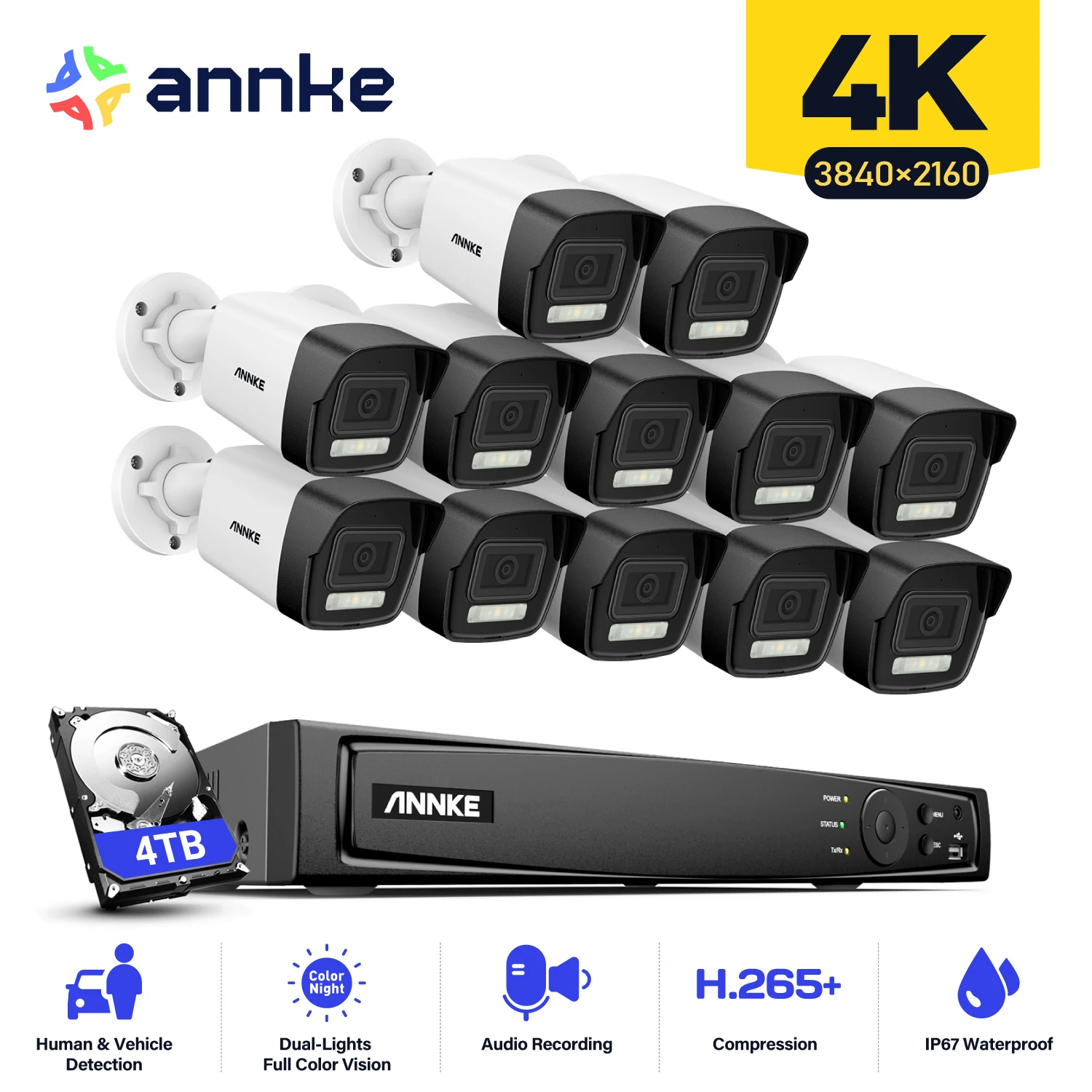 ANNKE 16CH 4K Ultra HD POE Network Video Security System 8MP H.265 NVR With 12pcs 8MP EXIR Night Vision IP67 Bullet IP Camera