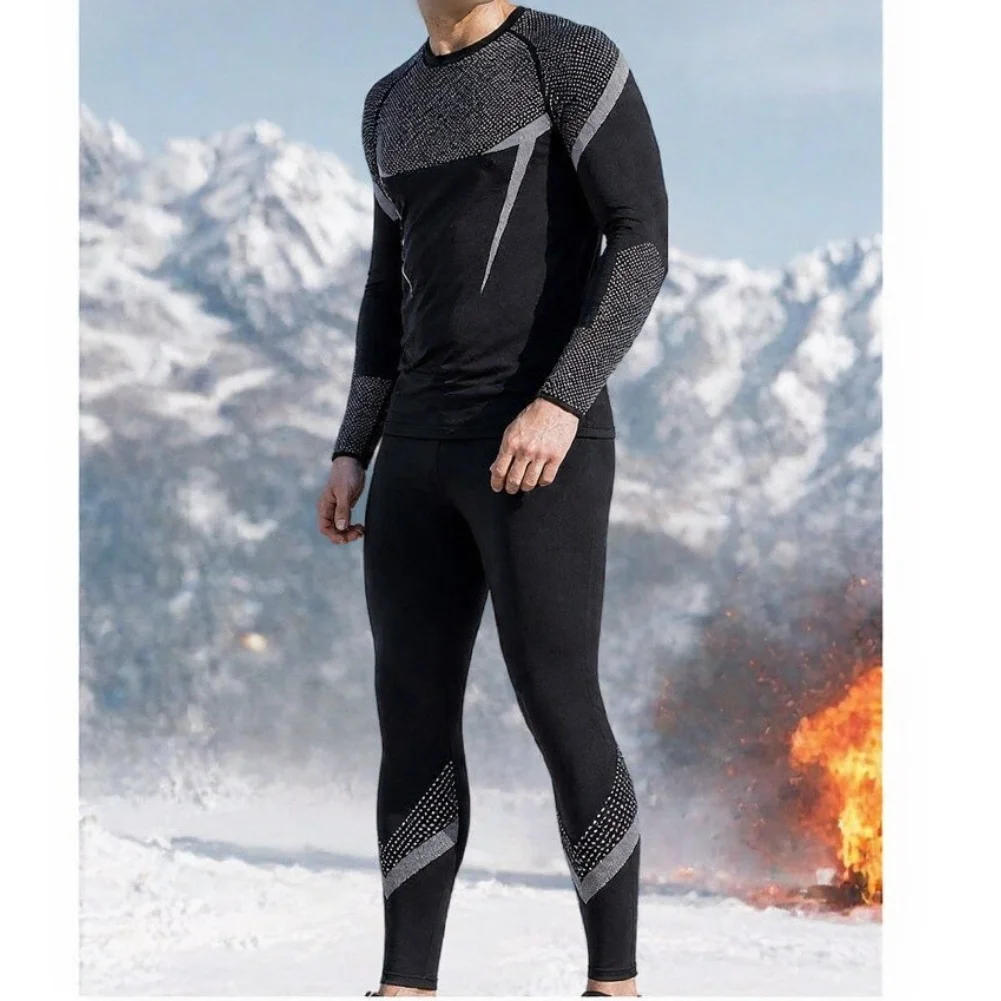 Men's Fleece Thermal Underwear Set Long Johns Base Layer for Skiing Cycling Winter Warm Tops Bottoms Black Red L to 4XL
