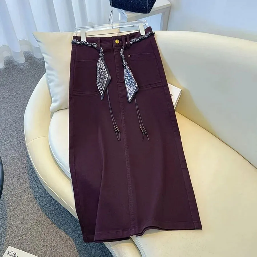 

New Purple Cowboy Skirt Women Spring Autumn Casual Wild High Waisted A-line Straight Tube Hip Hugging Skirt Ladies Denim Skirt