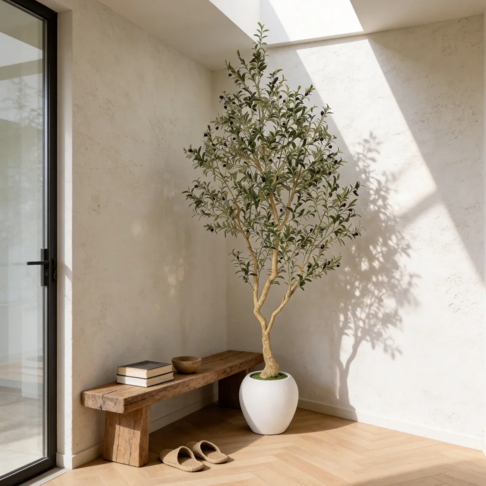 Artificial Olive Tree With Big Decorative White Pot, Tall Indoor & Covered Outdoor Decorative Tree, 1pc/set