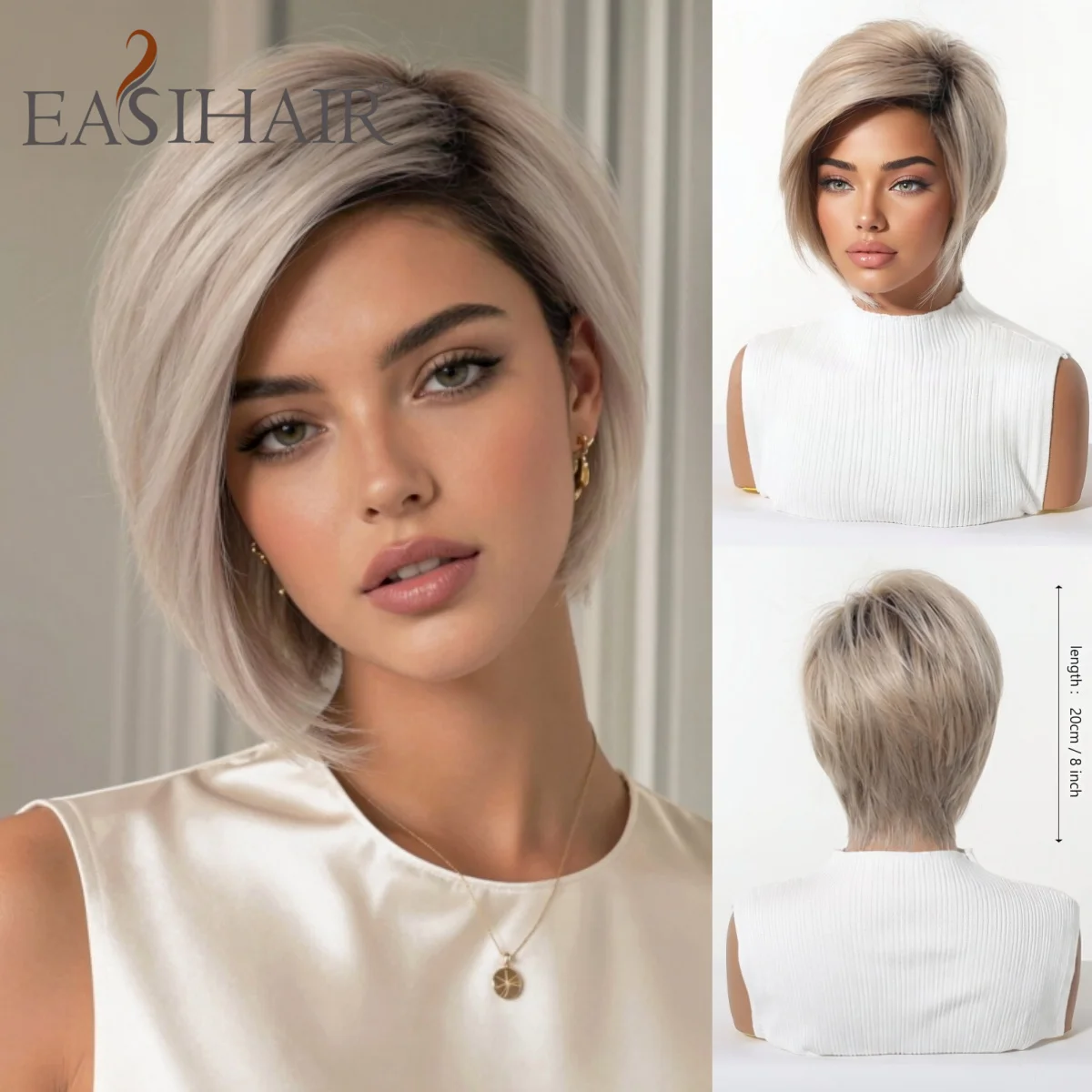 Short Straight Bob Ash Gray Ombre Blonde Synthetic Wig Heat Resistant Fiber Natural Looking Soft Hair for Women Daily Party