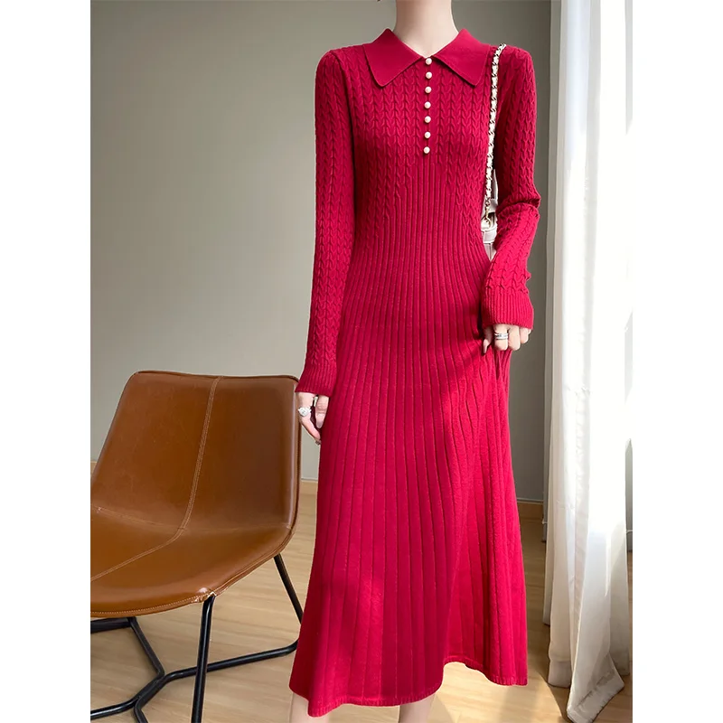 Vestido de malha com gola POLO para mulheres, comprimento médio, pulôver novo, ajuste justo, temperamento, flor torcida, saia longa, outono e inverno