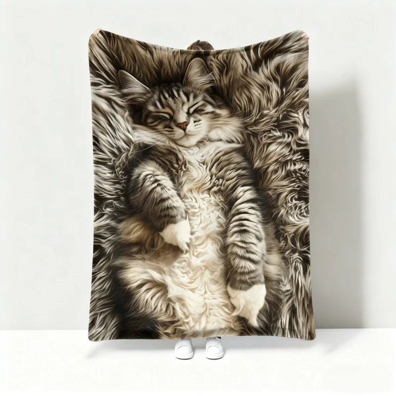 Sleep Fluffy Tabby Cat Fur Texture Print Flannel Throw Blanket, Cozy Soft Animal Blanket for Cat Lover Sofa Couch Bedroom Decor